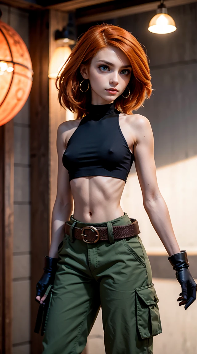 Muscular, thick thighs, 
Orange-red hair, green eyes, confident expression, pale skin,
eyeshadow, earrings,
detailed eyes, smile, detailed skin,
small breasts, hard nipples,
(black crop top, black gloves, brown belt, green cargo pants),
upper body view, looking at viewer, three quarter view,
dark studio, rim lighting, two tone lighting, dimly lit, bokeh