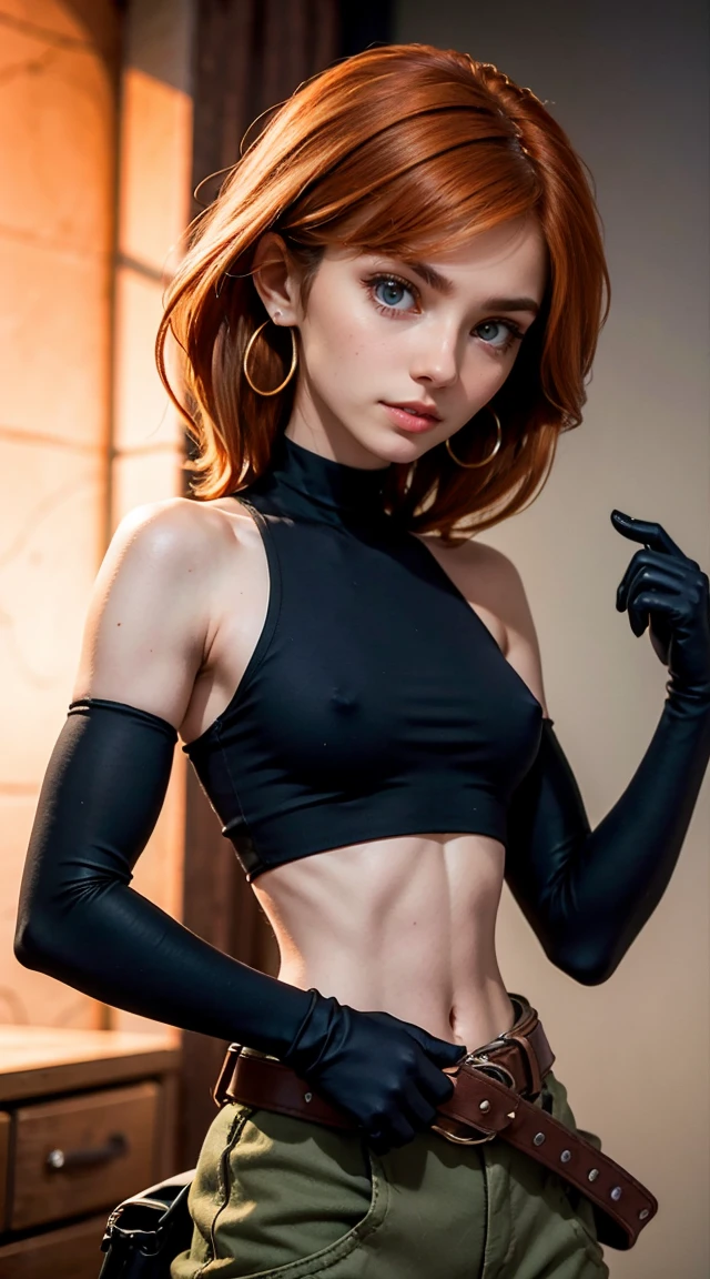 Muscular, thick thighs, 
Orange-red hair, green eyes, confident expression, pale skin,
eyeshadow, earrings,
detailed eyes, smile, detailed skin,
small breasts, hard nipples,
(black crop top, black gloves, brown belt, green cargo pants),
upper body view, looking at viewer, three quarter view,
dark studio, rim lighting, two tone lighting, dimly lit, bokeh