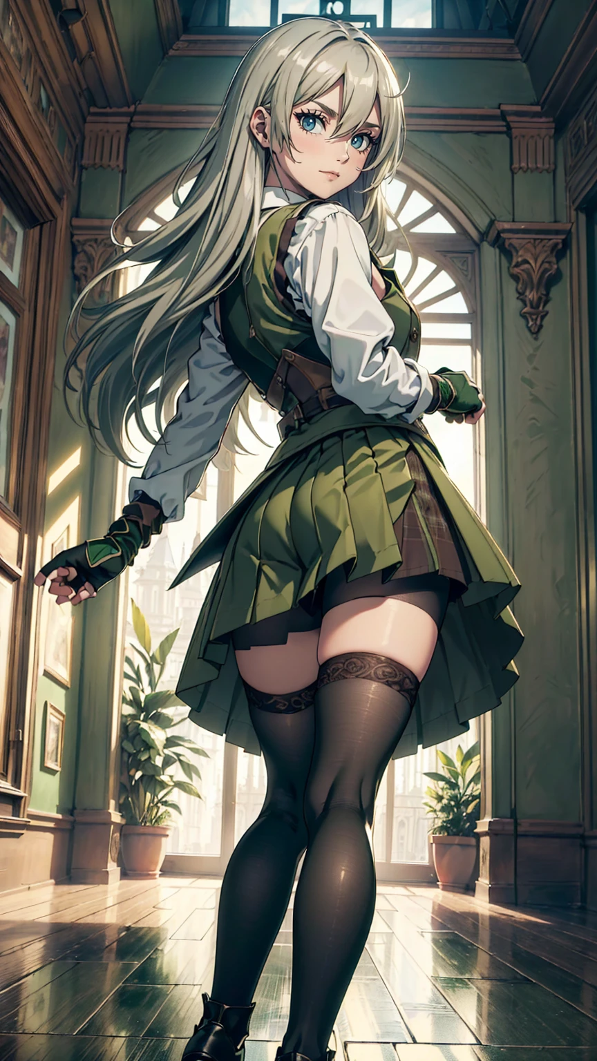 最high quality、Ultra High Definition, Ultra High Quality, Hyper Definition, Hyper Quality, Hyper Detailed, Extremely Detailed, Perfectly Detailed, Best image quality、masterpiece、woman((20-year-old、Looking Back Over Shoulder, super dynamic pose , legs bent at the knees, Green solid eyes, Silver long Hair、Disheveled Hair、Long White Hair、thin,Fingerless Glove、Green Skirt, Tights, Smirk、Brown School Vest , Dressed in school)),high quality、Beautiful art、background((Inside the mansion))、Written boundary depth、 movie、Visual Arts、Perfect art、8K,Genuine、