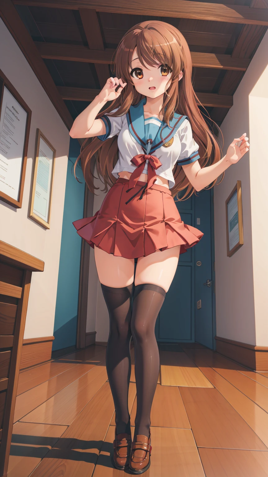 (masterpiece), highest quality, high resolution, illustration, game cg, asahina mikuru, detailed eyes, perfect face, serafuku, pleated miniskirt, thigh highs, school, hallway