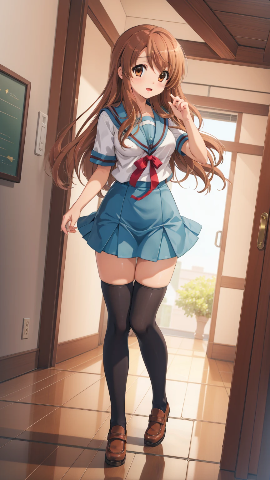 (masterpiece), highest quality, high resolution, illustration, game cg, asahina mikuru, detailed eyes, perfect face, serafuku, pleated miniskirt, thigh highs, school, hallway