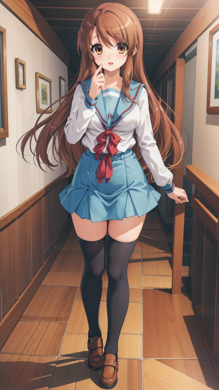 (masterpiece), highest quality, high resolution, illustration, game cg, asahina mikuru, detailed eyes, perfect face, serafuku, pleated miniskirt, thigh highs, school, hallway