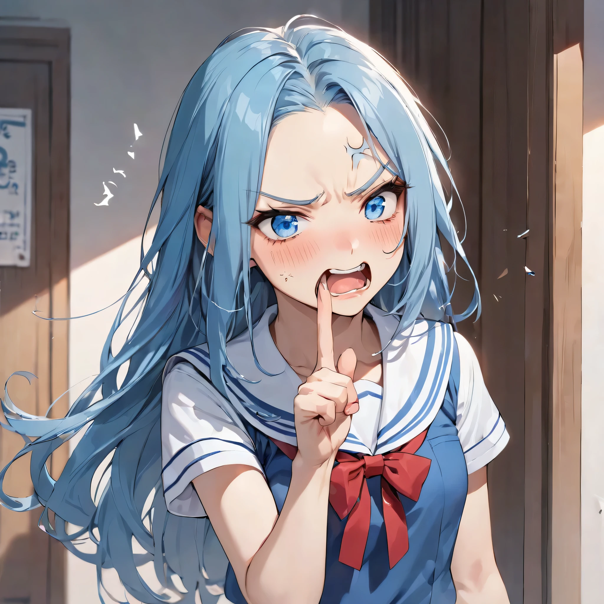 (Tsundere mode) ( yo, solo forehead blue hair long hair cute girl, lovely blue eyes, angry face, pink lip open mouth), break, (in a summer school sailor suit, red ribbon, skirt), (index finger raised), BREAK, perfect anatomy, masterpiece, best quality, 16k, beautiful detailed grow, daydreaming expression.