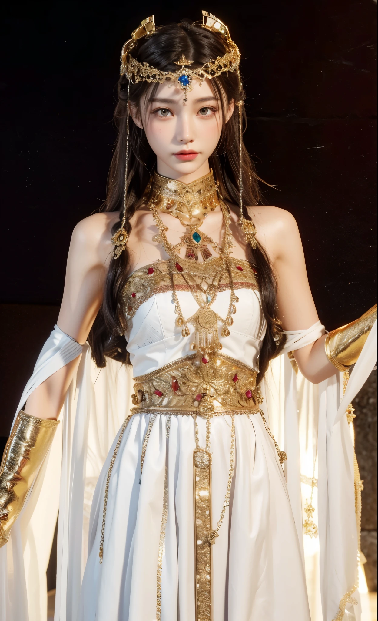 Game Art，CG Animation，Best image quality，Maximum resolution，8K picture quality，(A bust photo)，(portrait)，(Head close-up)，(Rule of Thirds)，Unreal Engine 5 rendering works，20 year old girl，((Queen))，The eyes are very detailed，(Large Breasts)，Elegance and nobility，Ray Tracing，Game CG，((3D Unreal Engine))，OC rendering reflection mode，4K，Ultra-clear，Translucent lace，Fair and plump figure，Pretty Face，Glossy Gel Coat，身着华贵礼服的Queen，Gorgeous clothing，Luxurious and exquisite jewelry，Colorful makeup，Full figure，Dark red lipstick，精致Gorgeous clothing，Cleopatra，Gold bracers