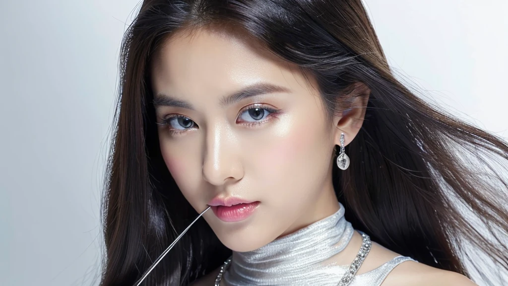 (((Silver jewelry))),(detailed face),VIVID,pretty,sleeveless and turtle neck white silky clothes,4k ,super high resolution ,(photo-realistic: 1.7), white background,black long hair,