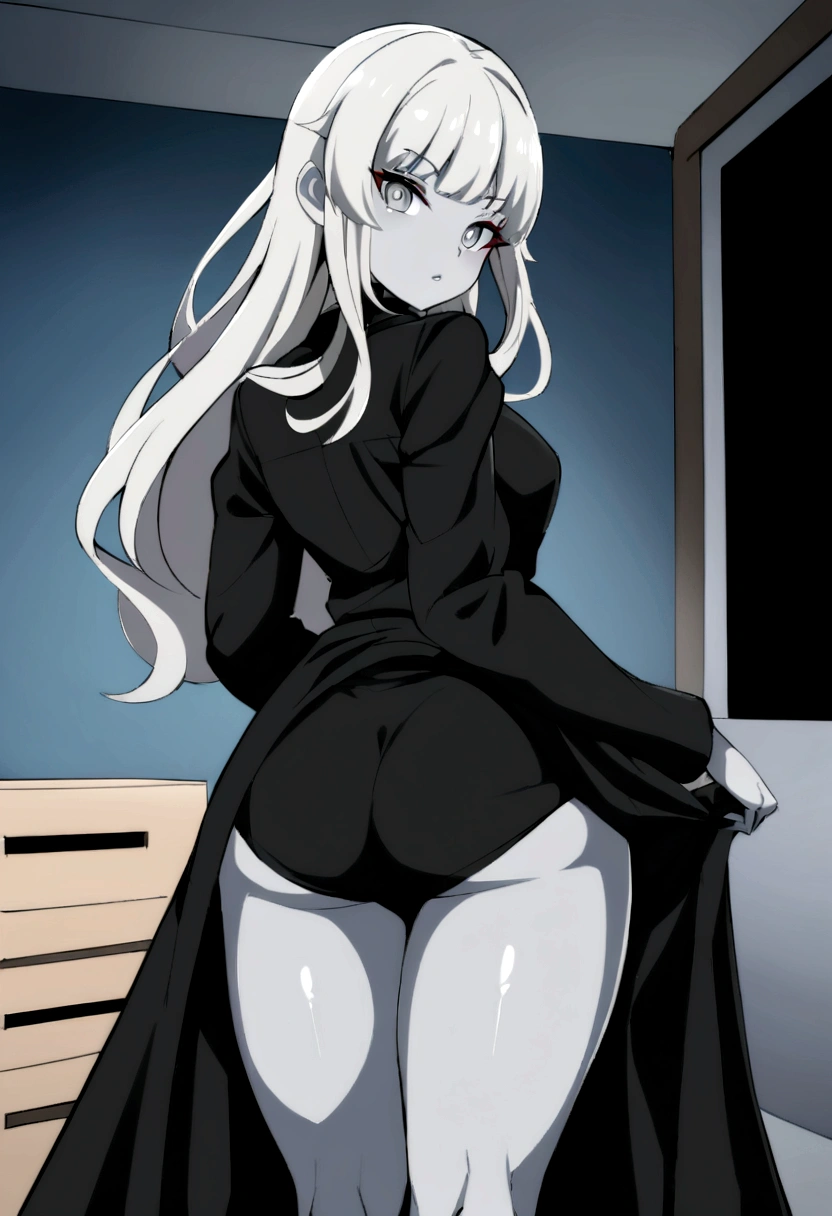 anime style girl 1,70 long light gray hair gray skin shark teeth and gray eyes and light gray pupils legs and thighs very very thick and strong but no breasts posing to see her clothes seen from behind in her room she is dressed in a black jacket with a black shirt and a shotr short e of jean