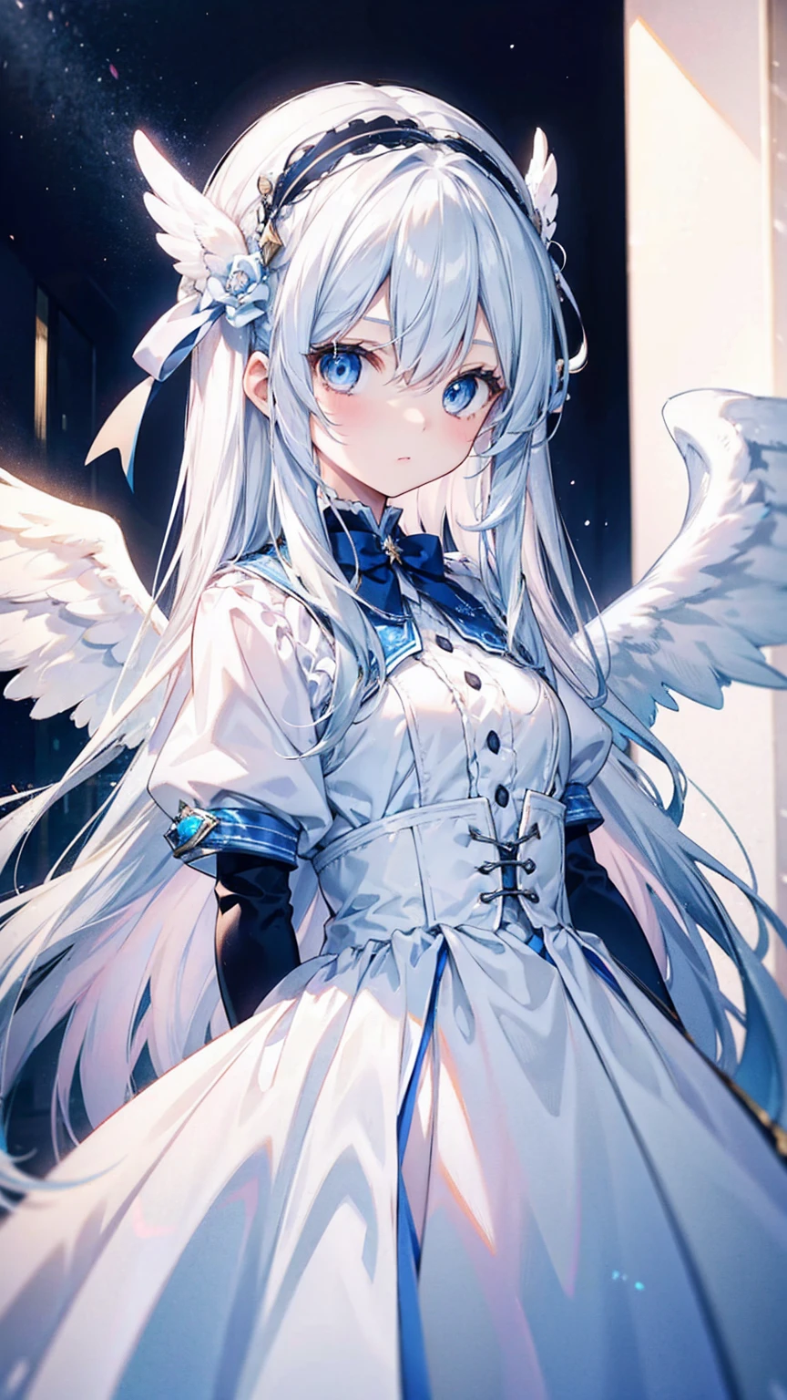 A pretty girl with long white hair and blue eyes、、Surprised、White dress、Angel wings on the back