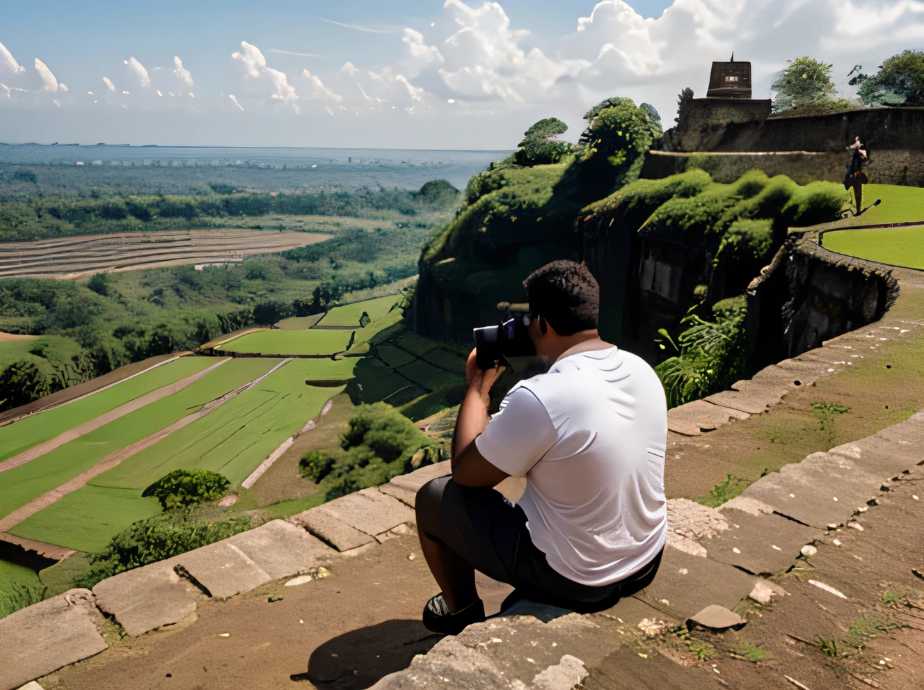 Young white and chubby man at Samaipata fort taking photographs of the landscape