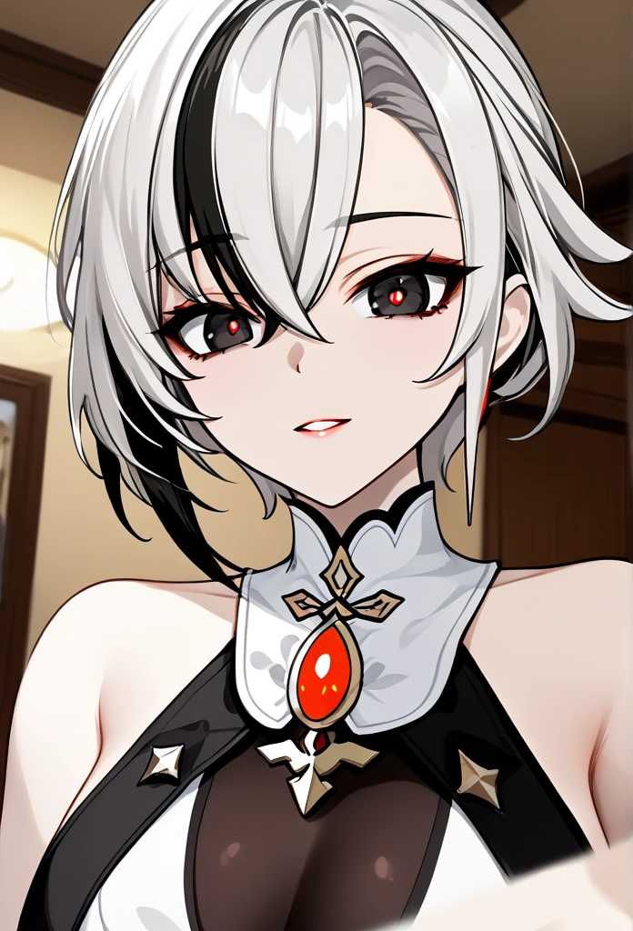 arlecchino, genshin impact, mature woman, mature face, hot face, emotionless face, (black eyes, red pupils), sharp eyes, (cool beauty), white hair, mature body, dominant, living room, view from below