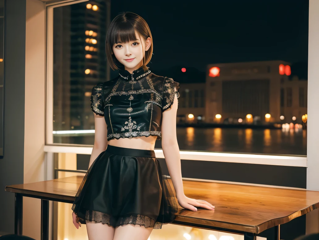 (8K, RAW Photos:1.2), Detailed face and eyes,最high quality, Ultra-high resolution, Very detailed ,Intricate details ,Tabletop ,pretty girl ,Round eyes、 Soft cinematic light, Hyper Detail,Sharp focus, high quality, Brown Hair,((Bobcut))、(Straight bangs)、City of night、Night view、 ((Black Crop Top))、((Black tulle skirt))、”dwarf”、(Full Body Shot)、Waist、 can see your thighs)、Cowboy Shot、Smile、Floral clothes、Clothes with short sleeves、Large Breasts、