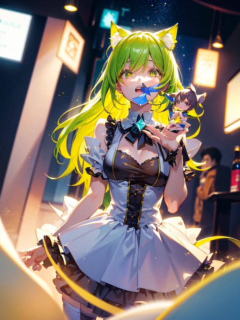 1 girl, nekomimi, maid outfit, short yellow hair, green emerald eyes, close-up face, detailed eyes, detailed hair, emotional lovely happy expression, crystal glowing eyes, cinematic lighting, extremely detailed body, face, clothes, (best quality,4k,8k,highres,masterpiece:1.2),ultra HD,very very anime style,bokeh,starry shining lighting,original characters,low angle