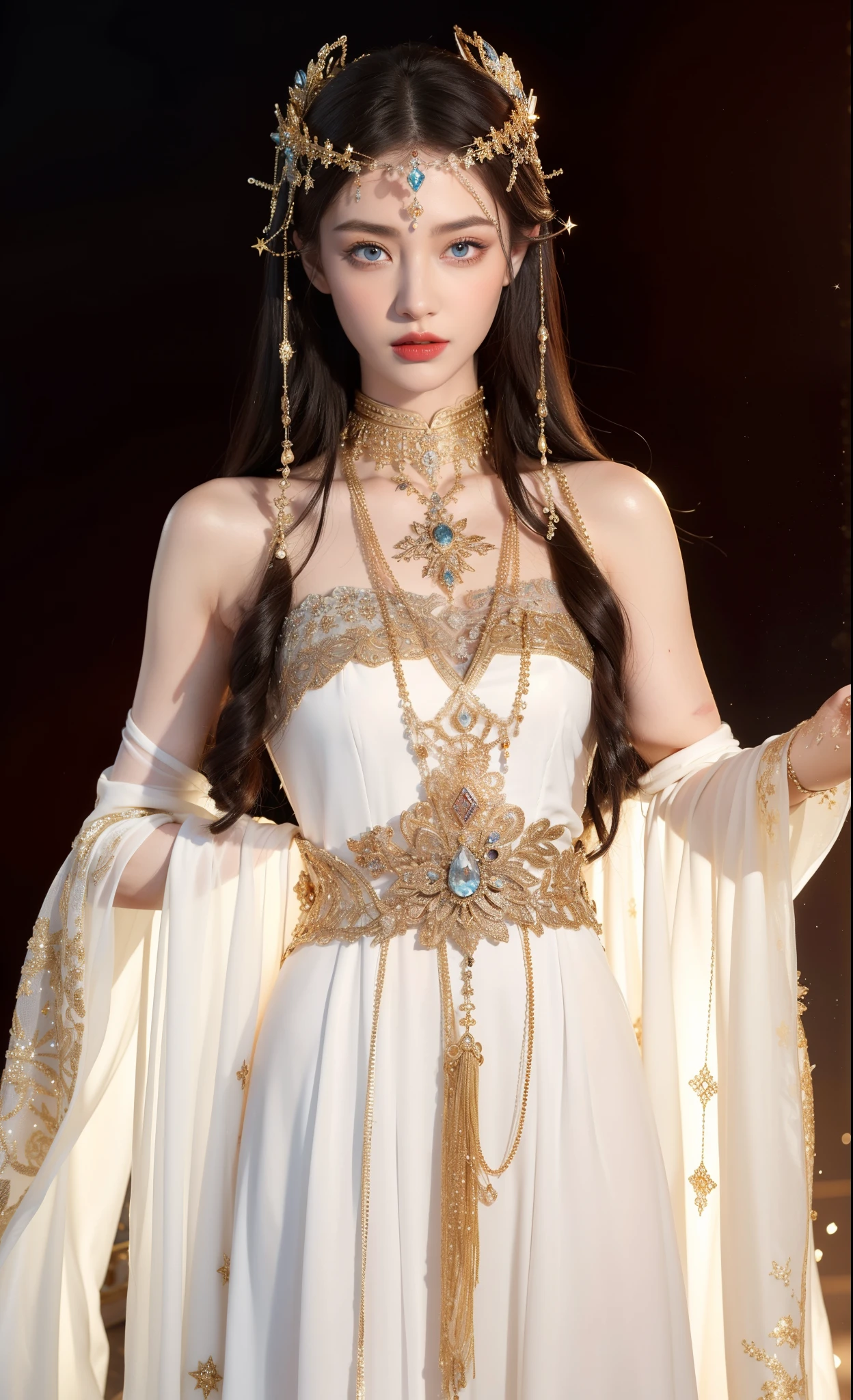 Royal sisters,Exquisite eyes,Frozen queen,Put the crown on your head,Detailed facial expressions body,tall and big,Glamorous characters,Leg length,4K,HD,The look,White translucent lace,白皙Full figure,Little cherry mouth,Beautiful and lovely,Full figure,Glossy Gel Coat,Vampire Queen in luxurious gown,Have a tattoo(Intricate tattoo designs),The tattoo is very three-dimensional,Ice Princess,Rich facial details,Eyes are blue(Pupils as deep as the starry sky),Gorgeous silk(Silky reflective),Wear dark red lipstick,Greek goddess,Gold Jewelry