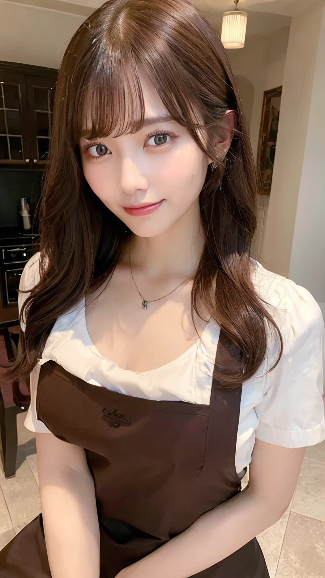 (Highest quality, 8K, masterpiece: 1.3), Beautiful woman with perfect figure: 1.4, Dark brown hair, Wearing a pendant, Wearing an apron, In the kitchen, Highly detailed face and skin, Fine grain, double eyelid, Big Breasts, smile