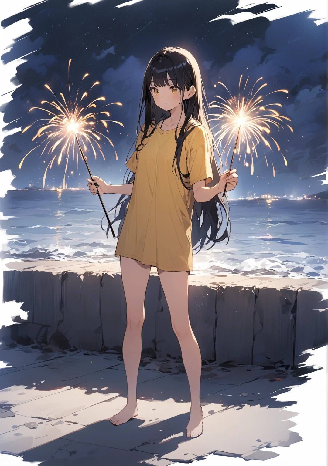 (((masterpiece, best quality)), 1 girl, solo, long hair, yukata, smile, black hair, blue eyes, low angle, riverbed, fireworks on background, night