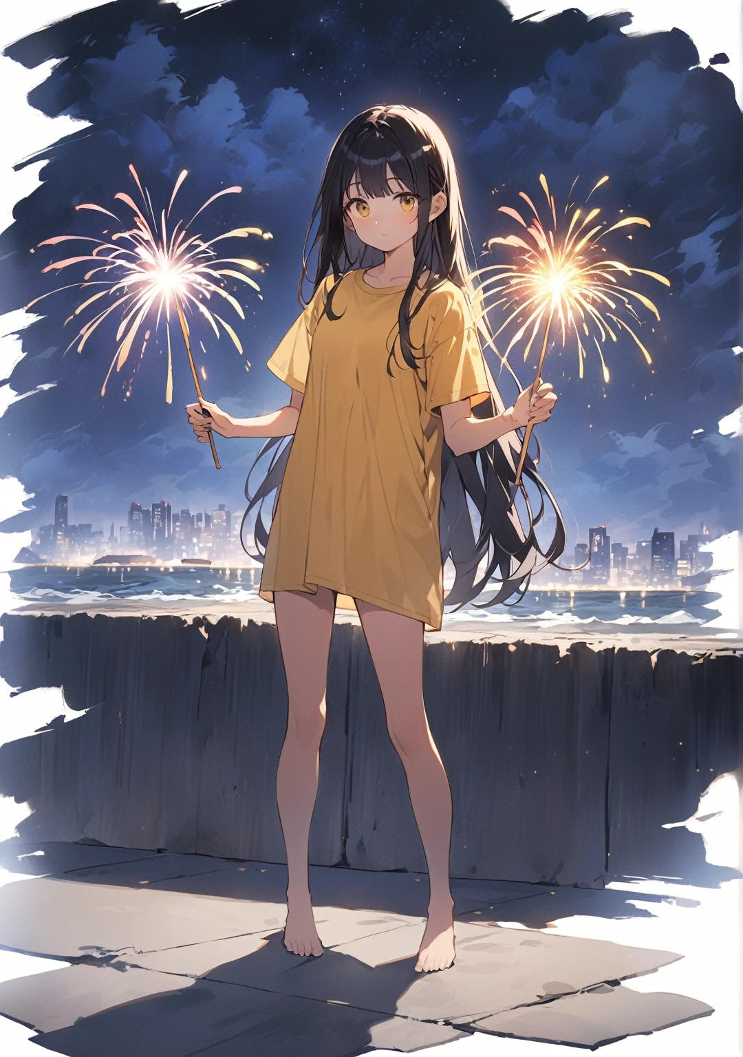 hyundai, night view, night, The Dark Sea, backlight, real object, artificial background, cement ground, Prompt young woman, standing posture, whole body, long straight hair, skinny body type, Loose yellow t-shirt, hand holding firework stick, bare legs, Barefoot