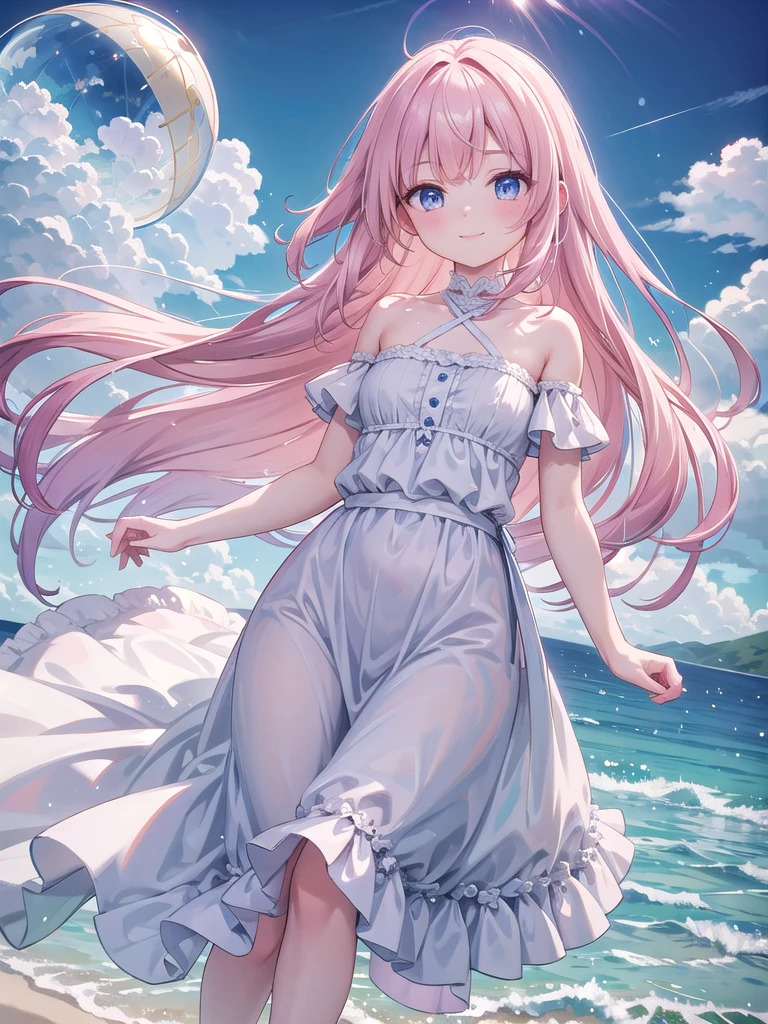 Delicate and beautiful CG art),(Highest quality, Very detailed, High resolution),(Dynamic Angle, Dynamic Lighting),(One character),(Long pink and blonde hair), blue eyes, Beautiful Face), 1 Girl, (Long sideburns, plant, smile, Blue long dress, 3d, Ocean, water, Beach ball, shell, sunny, the wind is strong