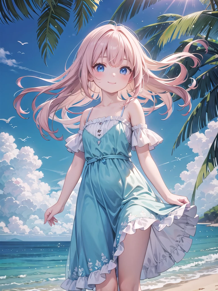 Delicate and beautiful CG art),(Highest quality, Very detailed, High resolution),(Dynamic Angle, Dynamic Lighting),(One character),(Long pink and blonde hair), blue eyes, Beautiful Face), 1 Girl, (Long sideburns, plant, smile, Blue long dress, 3d, Ocean, water, Beach ball, shell, sunny, the wind is strong
