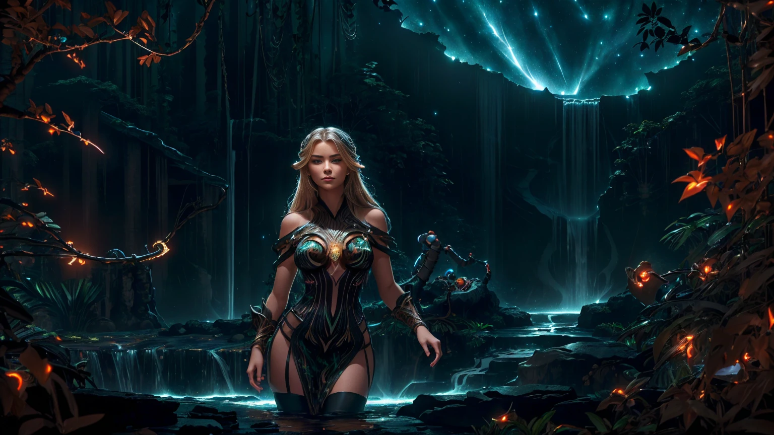 A stunning Russian beauty stands at the edge of (massives waterfalls:1.3), her blonde hair blowing gently in the misty air. Her piercing blue eyes sparkle as she gazes up at the star-filled sky, where a (supernova and galaxy :1.3) casts an otherworldly glow. The (jungle:1.5) around her is dark and mysterious, illuminated only by the soft flicker of a (brasero's flames) in the (dark night:1.8). She wears a beautiful short (black tube dress) that hugs her perfect body, highlighting every curve and contour as she poses confidently in front of the roaring waterfalls.