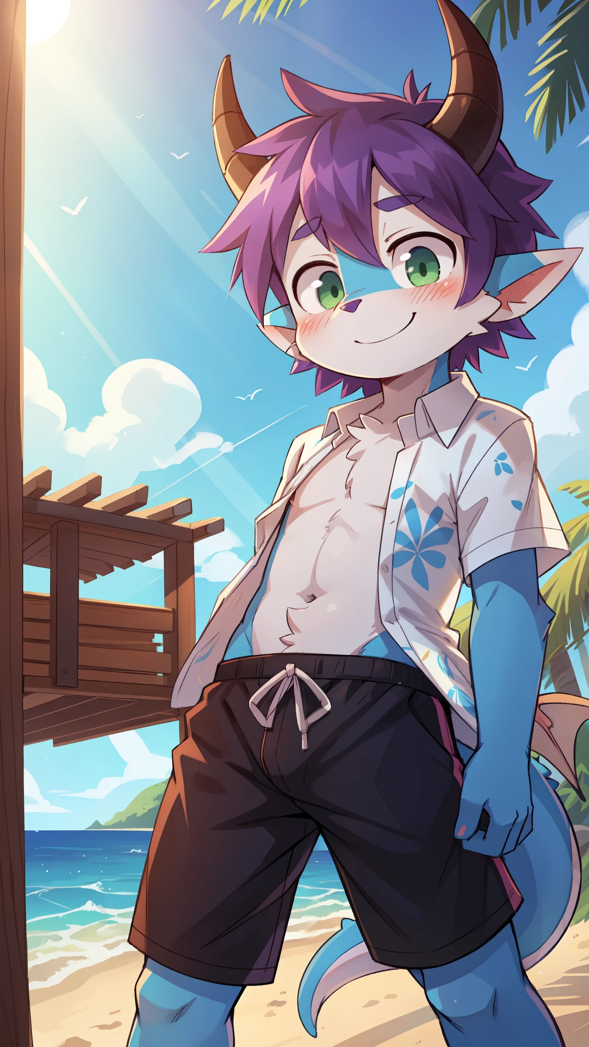 score_9,score_8_up,score_7_up, source_cartoon, source_furry, dragon boy, horns, green eyes, tail, purple hair, shota, , furry, blush, dragon tail, looking at viewer, smile, 1boy, dragon horns, pointy ears, , short hair, furry male, two tone body fur, blue body fur, clear blue body fur, ((white hawaiian shirt, open clothes, black swim trunks)), beach, clear sky,