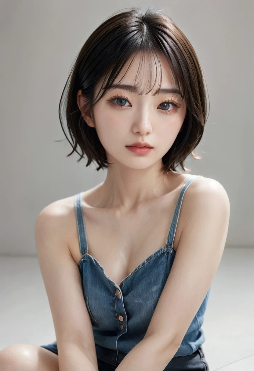 photorealistic, Photography ,BREAK, short hair woman, taking a (selfie:1.5) , (black T-shirts and denim pants), sitting on the sofa, white background, (short hair), BREAK, 8k , LAW , best-quality, masterpiece, hyper realistic detail shiny skin , natural shading , realistic shadow, BREAK (hyper realistic detail shiny skin, detailed skin, detailed hair, ultra sharpness, intricate details), perfect anatomy