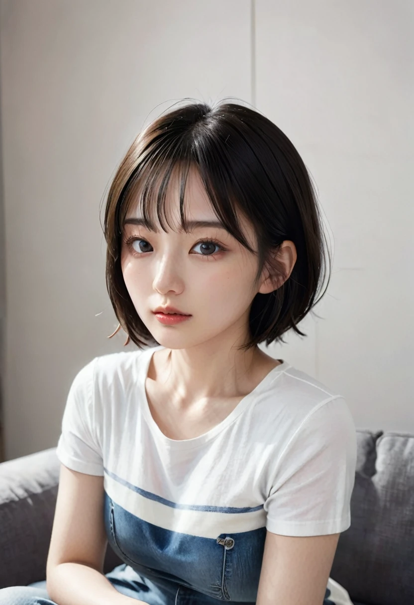 photorealistic, Photography ,BREAK, short hair woman, taking a (selfie:1.5) , (black T-shirts and denim pants), sitting on the sofa, white background, (short hair), BREAK, 8k , LAW , best-quality, masterpiece, hyper realistic detail shiny skin , natural shading , realistic shadow, BREAK (hyper realistic detail shiny skin, detailed skin, detailed hair, ultra sharpness, intricate details), perfect anatomy