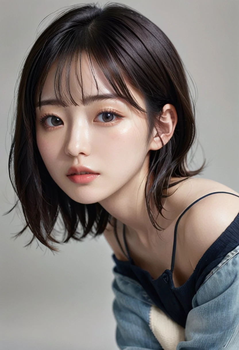 photorealistic, Photography ,BREAK, short hair woman, taking a (selfie:1.5) , (black T-shirts and denim pants), sitting on the sofa, white background, (short hair), BREAK, 8k , LAW , best-quality, masterpiece, hyper realistic detail shiny skin , natural shading , realistic shadow, BREAK (hyper realistic detail shiny skin, detailed skin, detailed hair, ultra sharpness, intricate details), perfect anatomy