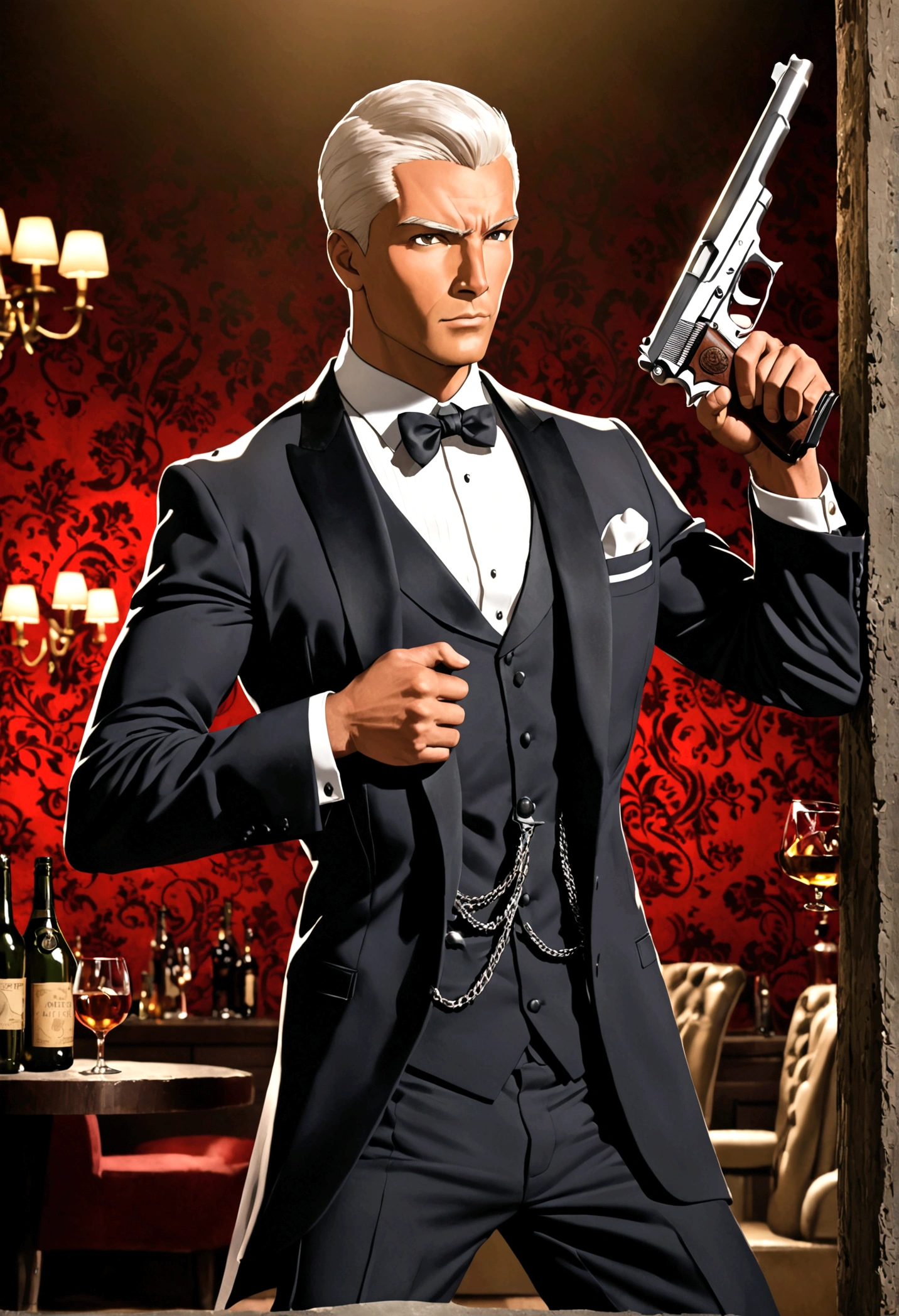 Fox Comedy Character Archer (secret agent in a tuxedo, drunk, brash, handsome, carelessly wielding a pistol), striking an almost dashing pose. 'ARCHER' written in the background