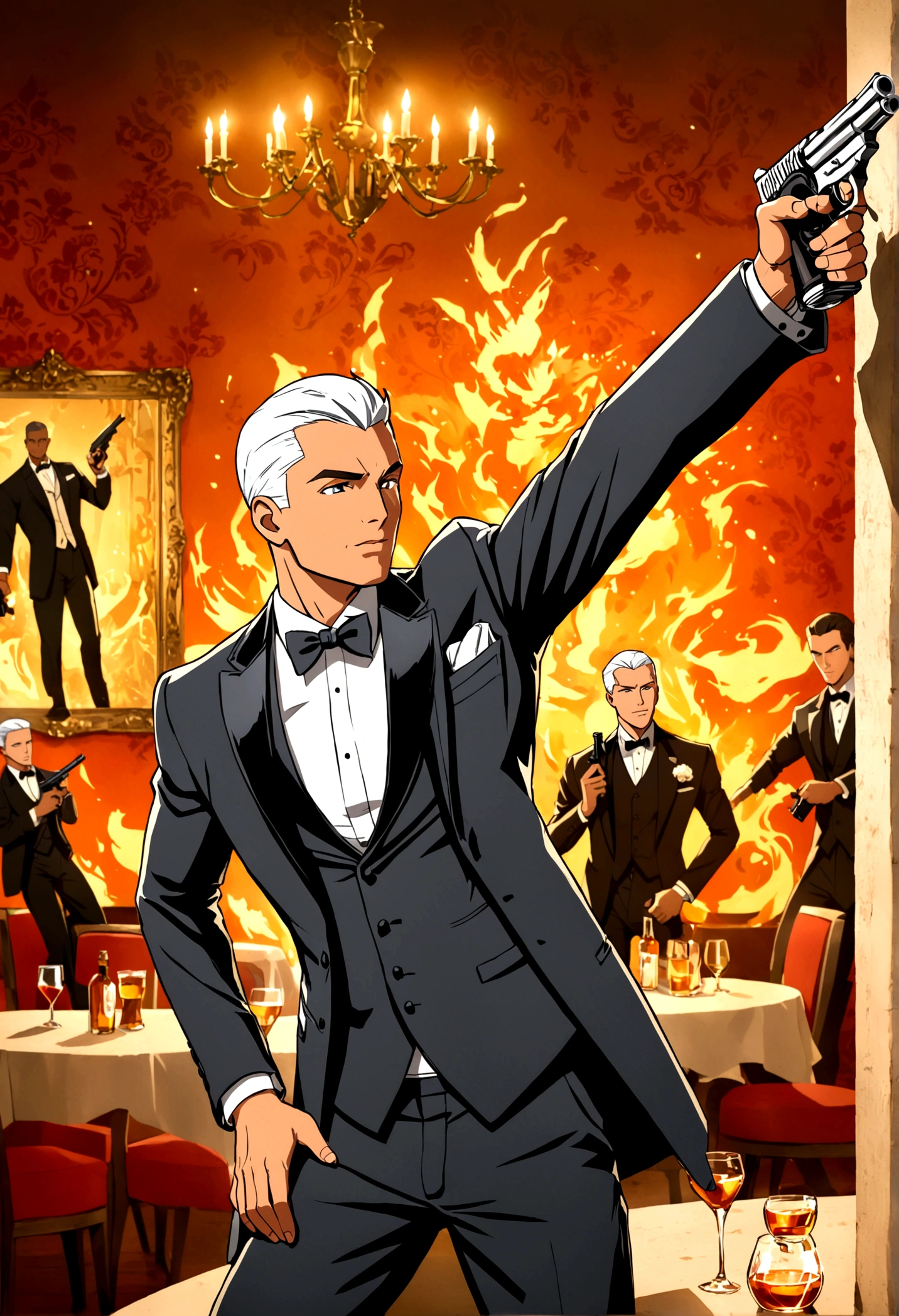 Fox Comedy Character Archer (secret agent in a tuxedo, drunk, brash, handsome, carelessly wielding a pistol), striking an almost dashing pose. 'ARCHER' written in the background