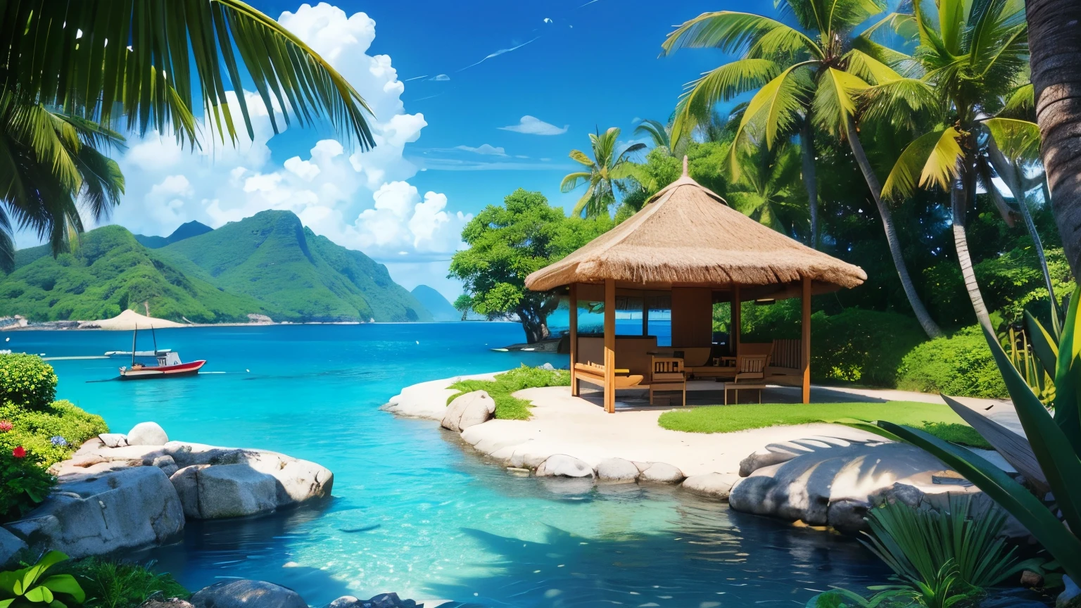 a tropical little island,lush green jungle,tiny beach with tiki bar,deep blue ocean,shiny blue sky,hot sunny day,best quality,4k,8k,highres,masterpiece:1.2,ultra-detailed,realistic,photorealistic,photo-realistic:1.37,HDR,UHD,studio lighting,ultra-fine painting,sharp focus,physically-based rendering,extreme detail description,professional,vivid colors,bokeh,tropical paradise,photorealistic landscape,hyper detailed,natural scenery,beautiful scenic view,dreamlike atmosphere,warm lighting,cinematic mood,verdant foliage,sandy beach,thatched roof hut,sunlight glimmering on water,puffy white clouds,azure horizon