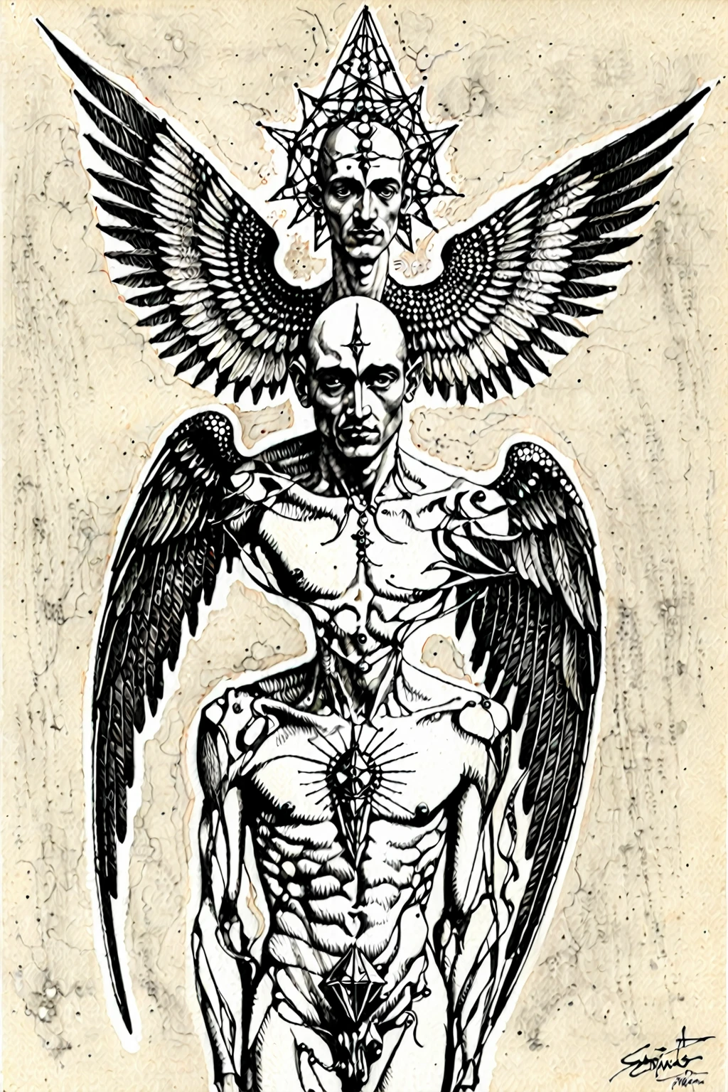 drawing of a emaciated man with a CRYSTAL STRUCTURE on his head and wings, pen and ink on paper, illustration in pen and ink, ink on paper, ((((occult art)))), inspired by Santiago Caruso, ink and charcoal illustration, pen and ink, black and white ink on paper