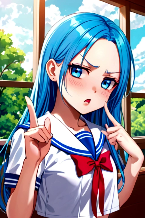 (Tsundere mode) (15 yo, solo forehead blue hair long hair cute girl, lovely blue eyes, angry face, pink lip open mouth), break, (in a summer school sailor suit, red ribbon, skirt), (index finger raised), BREAK, perfect anatomy, masterpiece, best quality, 16k, beautiful detailed grow, daydreaming expression.