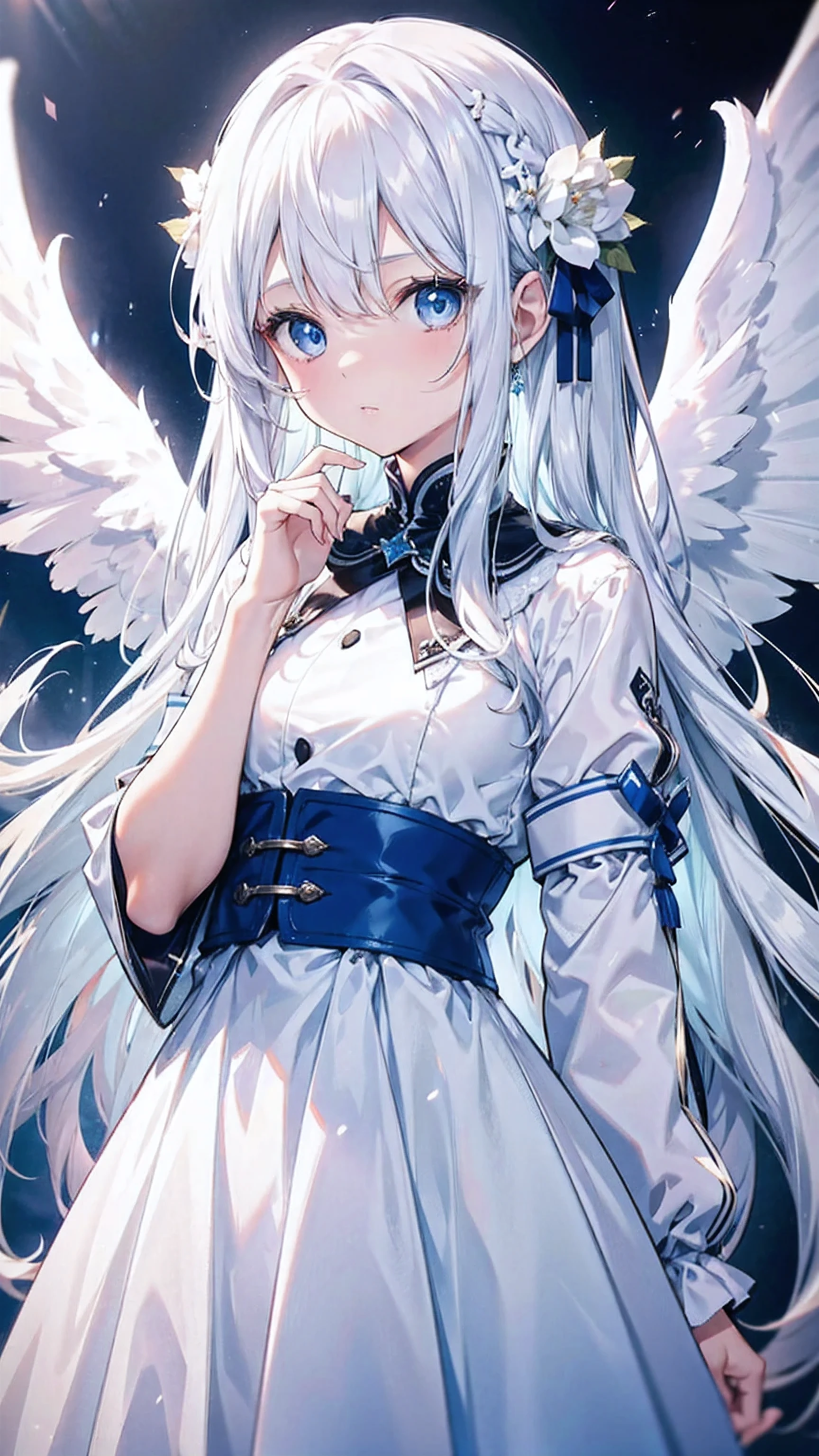 A pretty girl with long white hair and blue eyes、、Surprised、White dress、Angel wings on the back