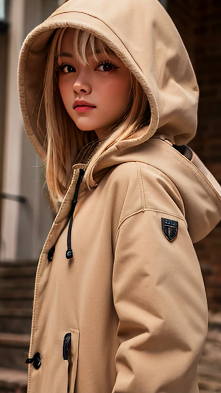 masterpiece, Facial details, Very detailed, 8K, , woman, Red Eyes, Beige duffel coat, joy, front, hood up,