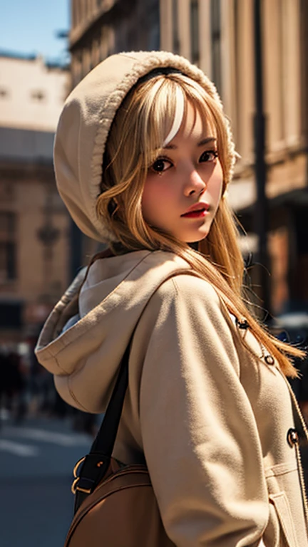 masterpiece, Facial details, Very detailed, 8K, , woman, Red Eyes, Beige duffel coat, joy, front, hood up,