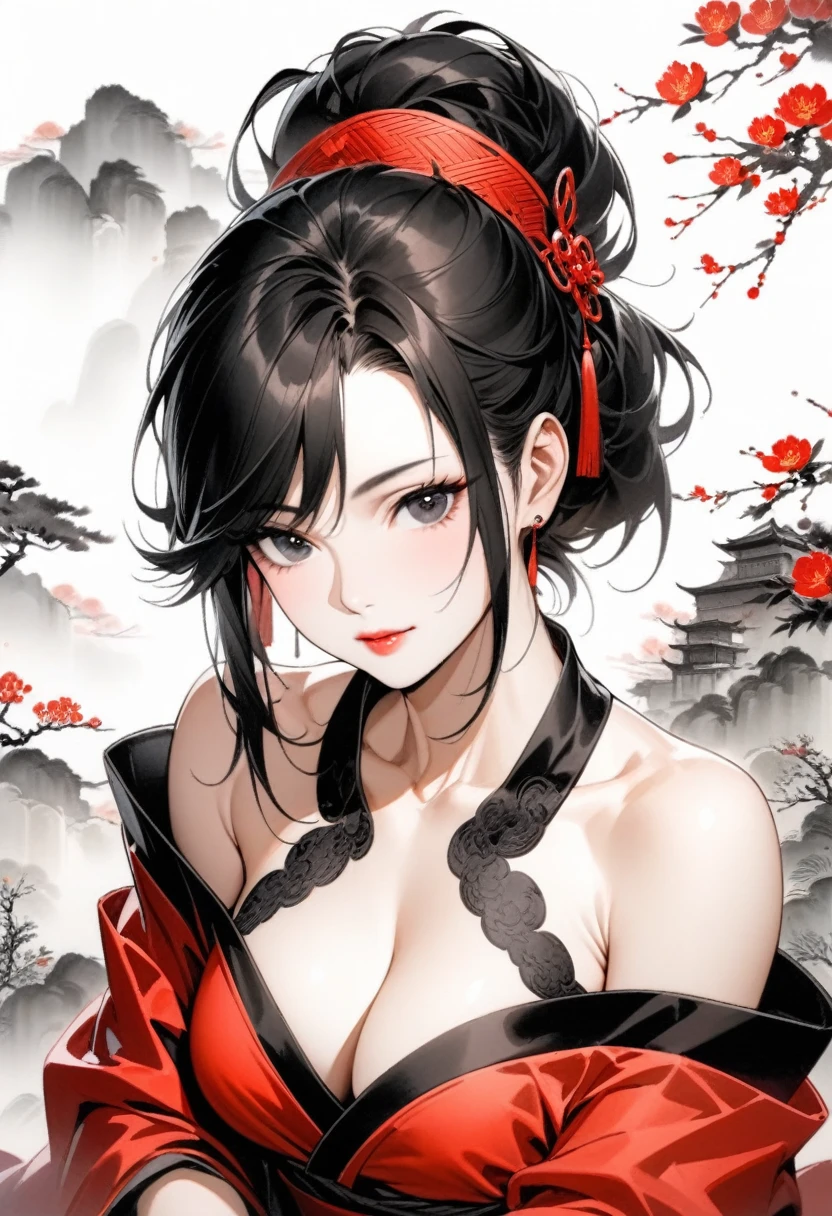 Mature women，Black long hair，Hair up，Red Hanfu，Showing cleavage，Show your shoulders，Beautiful black eyes，Traditional Chinese ink painting，Extremely detailed，high resolution，Simple background