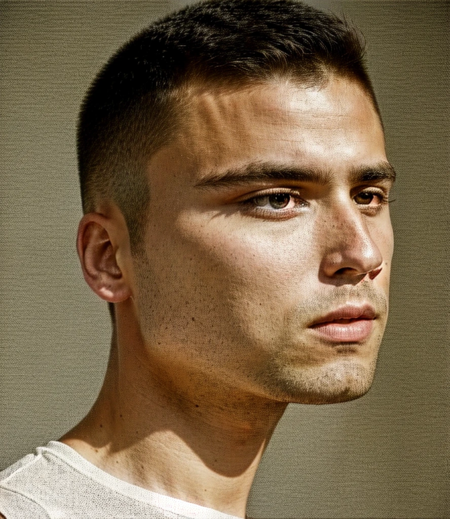 ultra-high-resolution 8K, best quality, (photo realistic:1.4), fashion model, american, man, 28years old, athlete, caucasian, square face, black and small eyes, stern eyes, thick and straight eyebrows, snub nose, plump lips, fair skin with detailed and realistic skin texture, (buzz cut:1.2), single eyelid, closed mouth, wearing white no-sleeve top, exuding the vibe of a fashion model with a neutral, serious expression, (profile:1.3), (upper body), detailed hair, epiC35mm