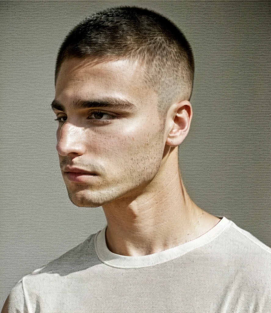 ultra-high-resolution 8K, best quality, (photo realistic:1.4), fashion model, american, man, 28years old, athlete, caucasian, square face, black and small eyes, stern eyes, thick and straight eyebrows, snub nose, plump lips, fair skin with detailed and realistic skin texture, (buzz cut:1.2), single eyelid, closed mouth, wearing white no-sleeve top, exuding the vibe of a fashion model with a neutral, serious expression, (profile:1.3), (upper body), detailed hair, epiC35mm