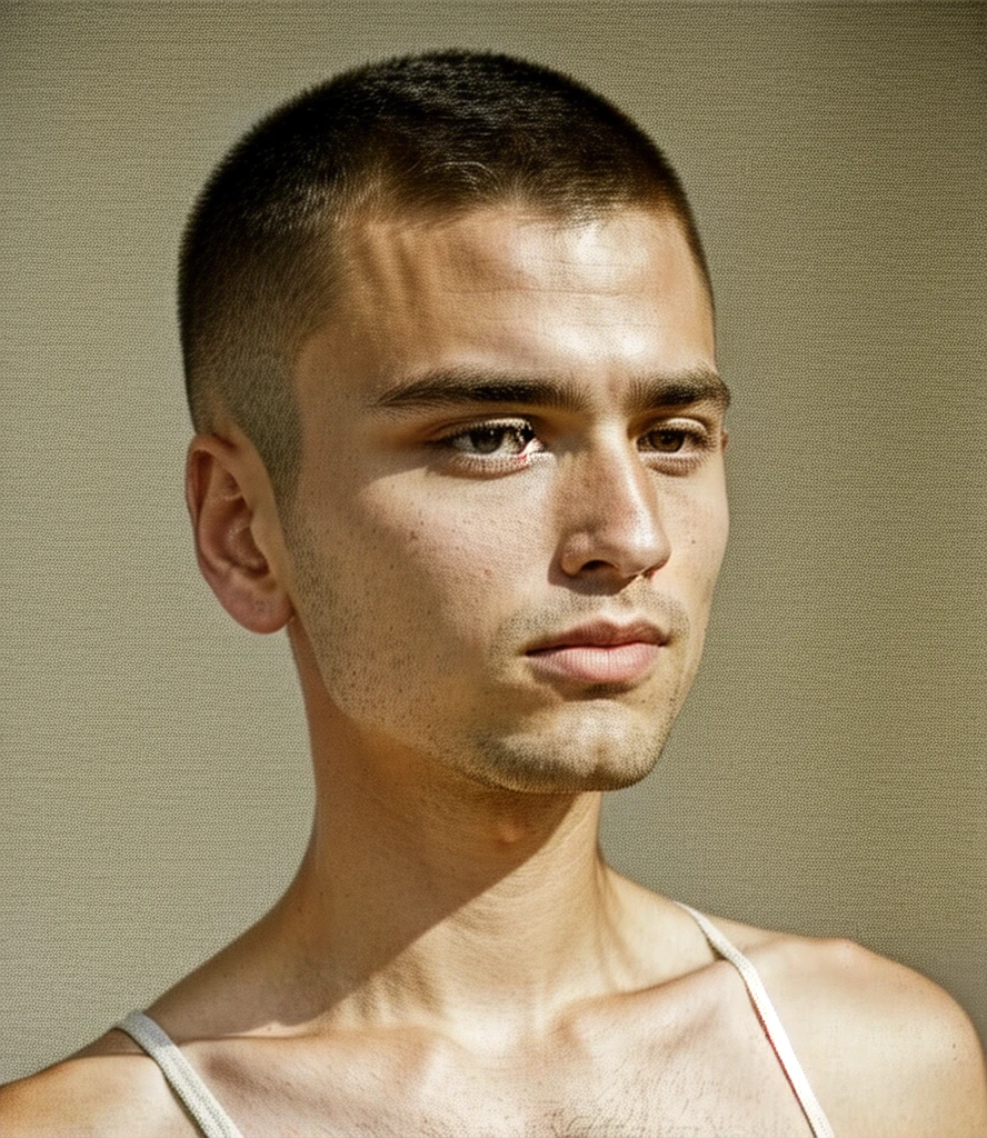 ultra-high-resolution 8K, best quality, (photo realistic:1.4), fashion model, american, man, 28years old, athlete, caucasian, square face, black and small eyes, stern eyes, thick and straight eyebrows, snub nose, plump lips, fair skin with detailed and realistic skin texture, (buzz cut:1.2), single eyelid, closed mouth, wearing white no-sleeve top, exuding the vibe of a fashion model with a neutral, serious expression, (profile:1.3), (upper body), detailed hair, epiC35mm