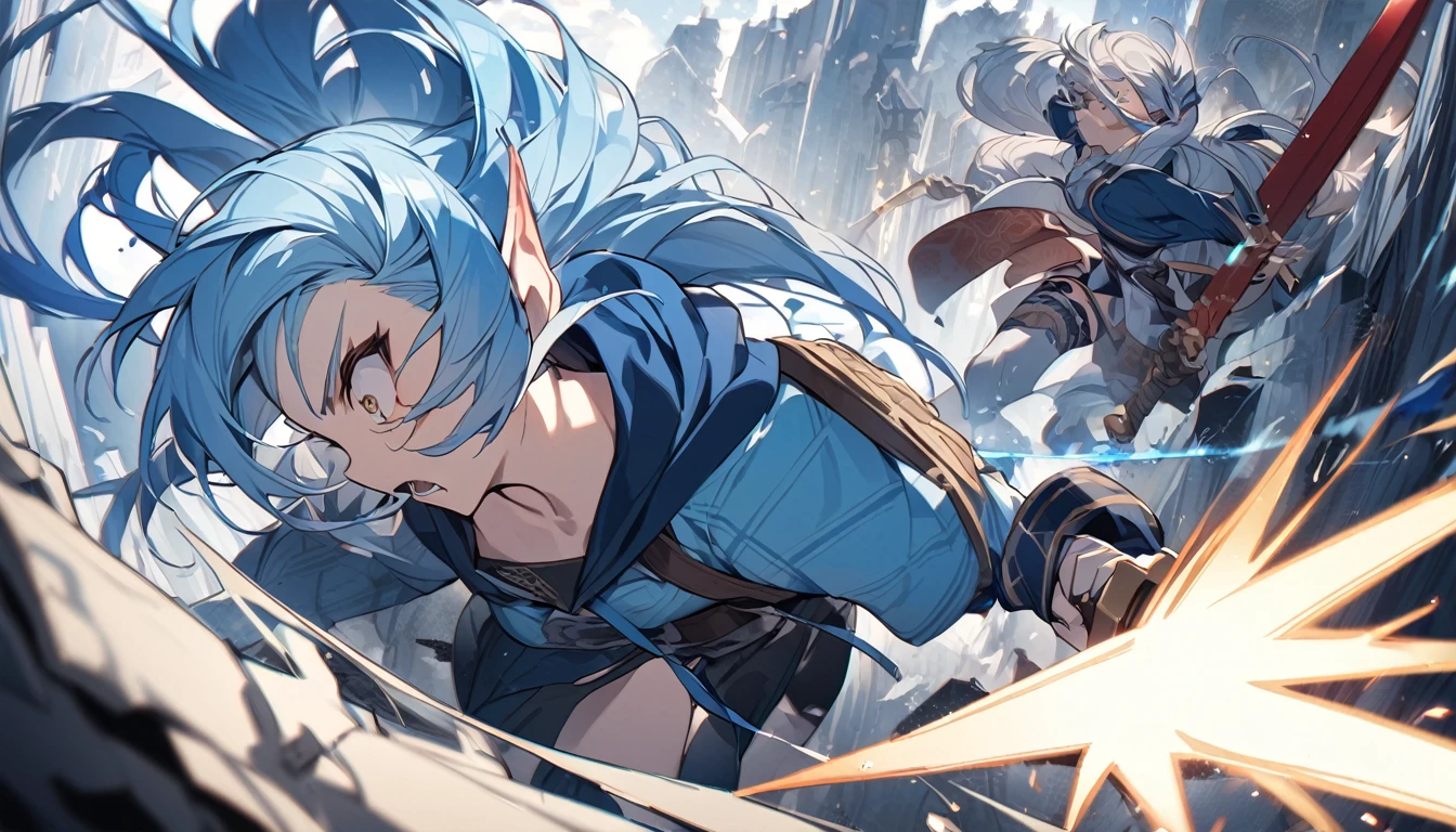 (Highest quality), An elf girl attacks with a large sword,Blue Hair,Different world