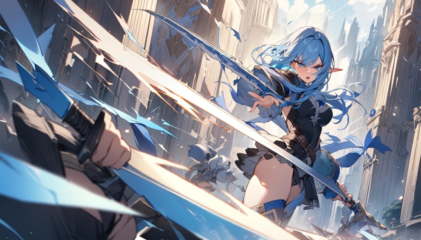 (Highest quality), An elf girl attacks with a large sword,Blue Hair,Different world