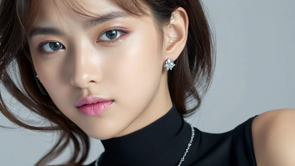 ((Silver jewelry)),(detailed face),VIVID,pretty,sleeveless and turtle neck clothes,4k ,super high resolution ,(photo-realistic: 1.7), white background,black long hair,