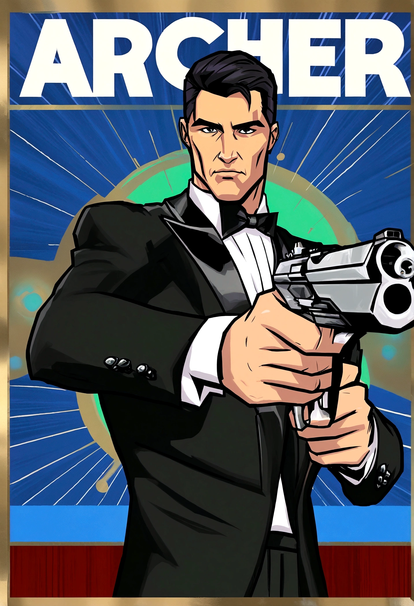 Fox Comedy Character Archer (secret agent in a tuxedo, drunk, brash, handsome, carelessly wielding a pistol), striking an almost dashing pose. 'ARCHER' written in the background
