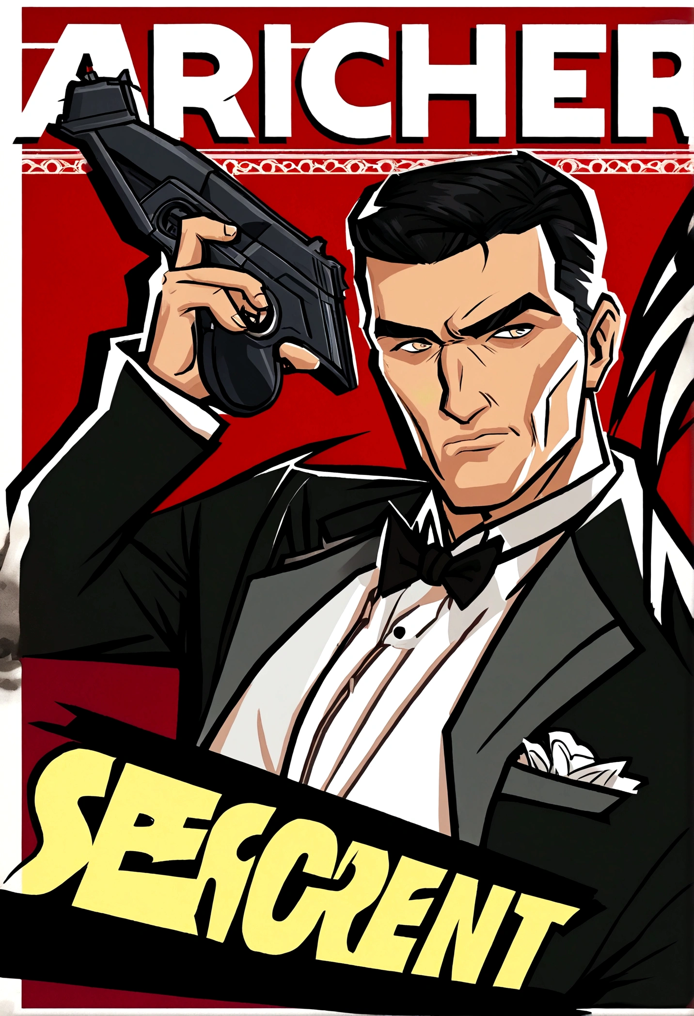 Fox Comedy Character Archer (secret agent in a tuxedo, drunk, brash, handsome, carelessly wielding a pistol), striking an almost dashing pose. 'ARCHER' written in the background