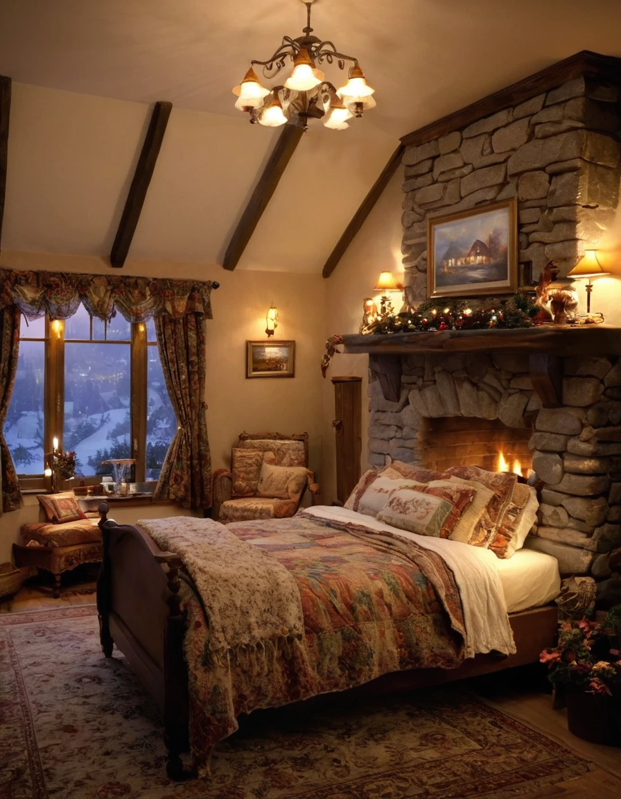 arafed bedroom with a fireplace and a bed with a blanket, thomas kinkade. cute cozy room, cozy and calm, cozy setting, very cozy, cozy wallpaper, cozy room, cozy place, cozy and peaceful atmosphere, cosy enchanted scene, cozy candlelight, cozy environment, cozy bed, soothing and cozy landscape, cozy atmosphere, cosy fireplace