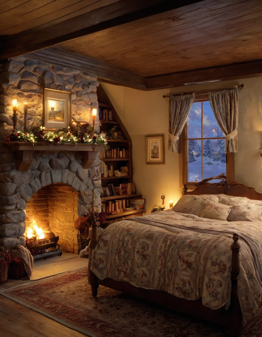 arafed bedroom with a fireplace and a bed with a blanket, thomas kinkade. cute cozy room, cozy and calm, cozy setting, very cozy, cozy wallpaper, cozy room, cozy place, cozy and peaceful atmosphere, cosy enchanted scene, cozy candlelight, cozy environment, cozy bed, soothing and cozy landscape, cozy atmosphere, cosy fireplace