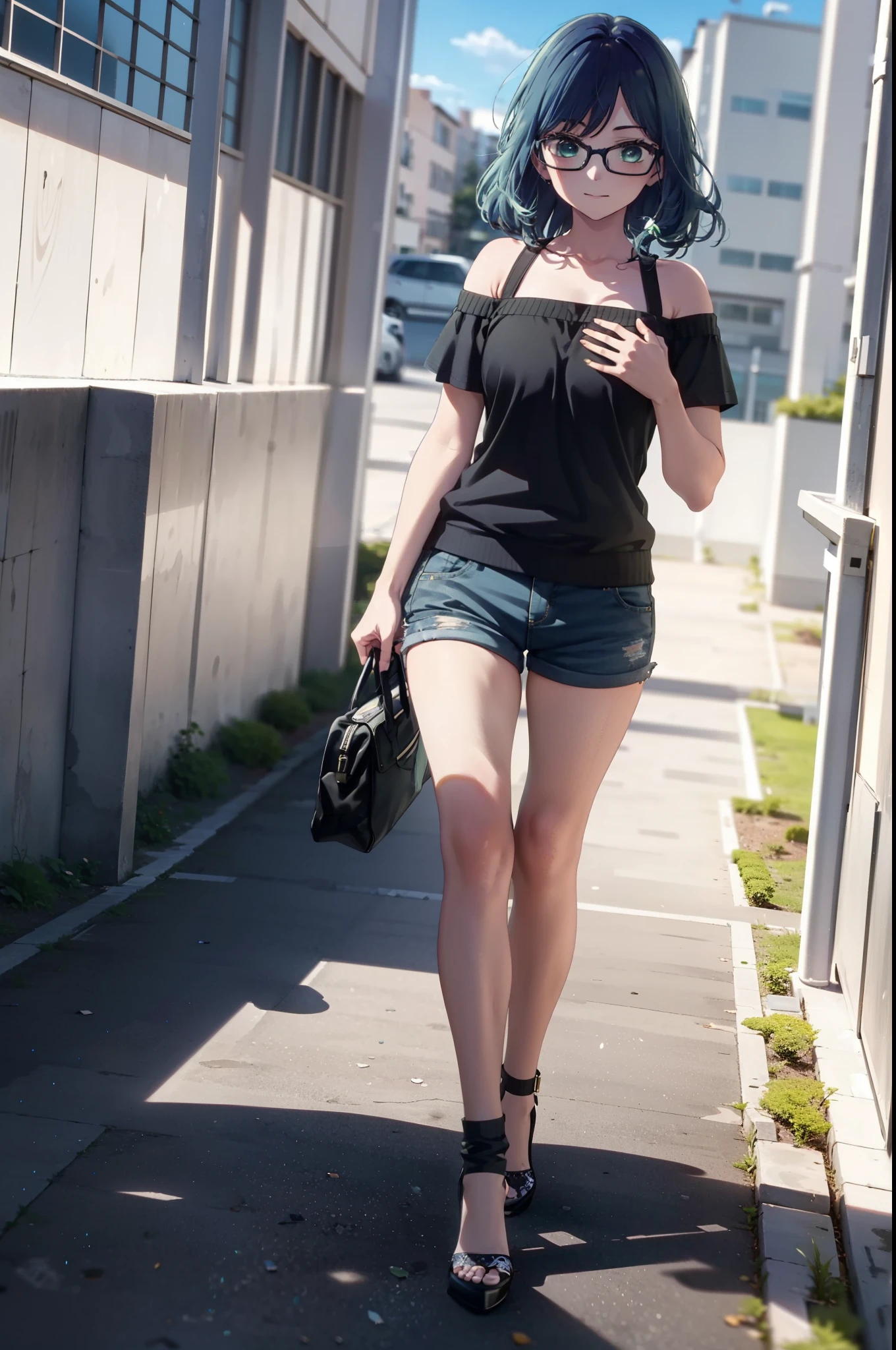 akanekurokawa, akane kurokawa, bangs, (Green Eyes:1.3), Blue Hair, Long Hair, dark Blue Hair,smile,Black-rimmed glasses,Cold shoulder tops,Short sleeve,Shorts,Stiletto heels,Walking,Daytime,Clear skies,whole bodyがイラストに入るように,
break outdoors, School,courtyard,
break looking at viewer, whole body,
break (masterpiece:1.2), Highest quality, High resolution, unity 8k wallpaper, (figure:0.8), (Beautiful attention to detail:1.6), Highly detailed face, Perfect lighting, Highly detailed CG, (Perfect hands, Perfect Anatomy),