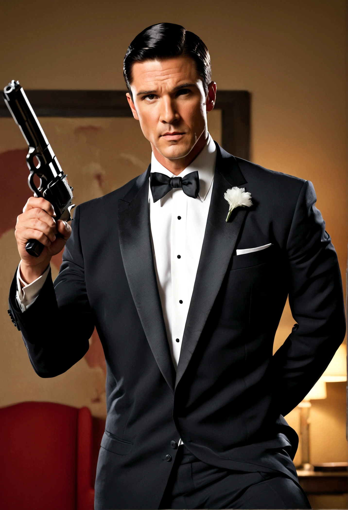 Fox Comedy Character Archer (secret agent in a tuxedo, drunk, brash, handsome, carelessly wielding a pistol), striking an almost dashing pose. 'ARCHER' written in the background
