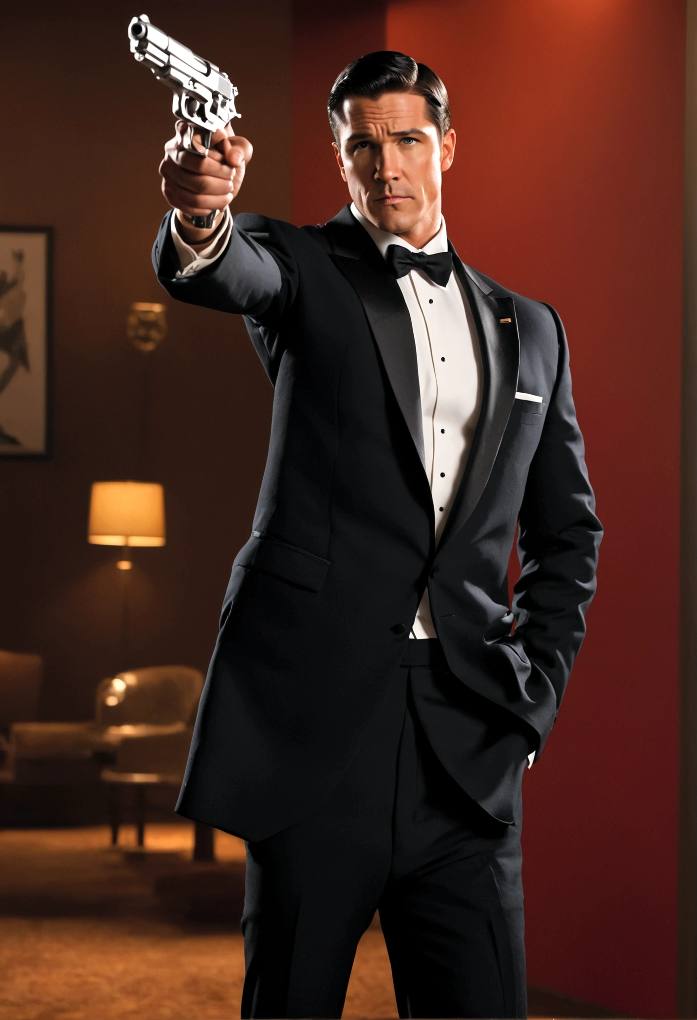 Fox Comedy Character Archer (secret agent in a tuxedo, drunk, brash, handsome, carelessly wielding a pistol), striking an almost dashing pose. 'ARCHER' written in the background