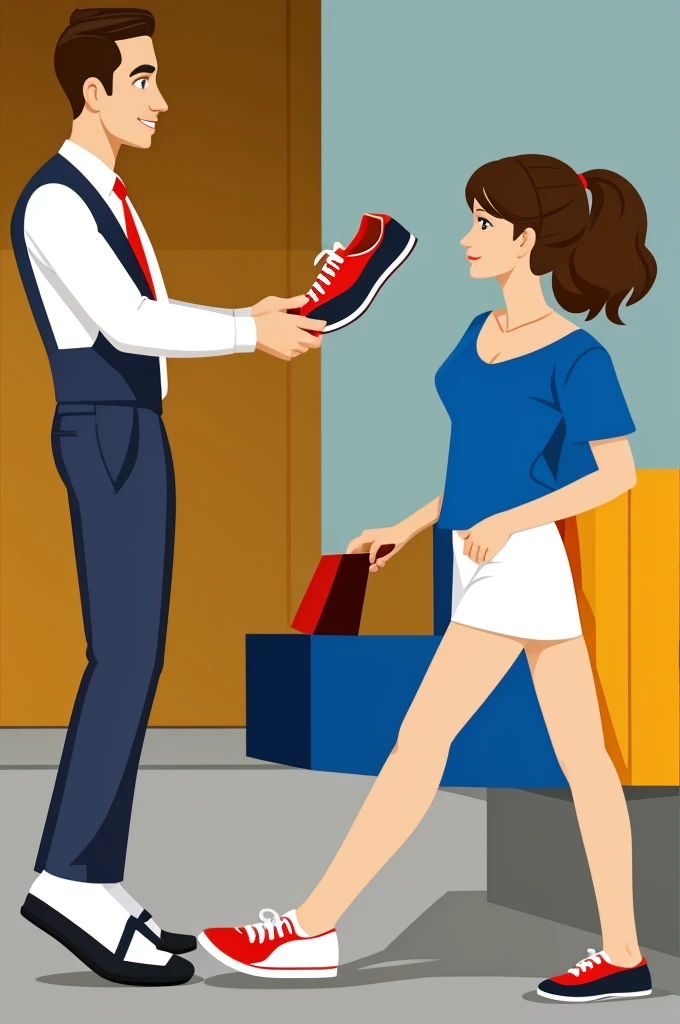 Animated man giving shoes to woman 
