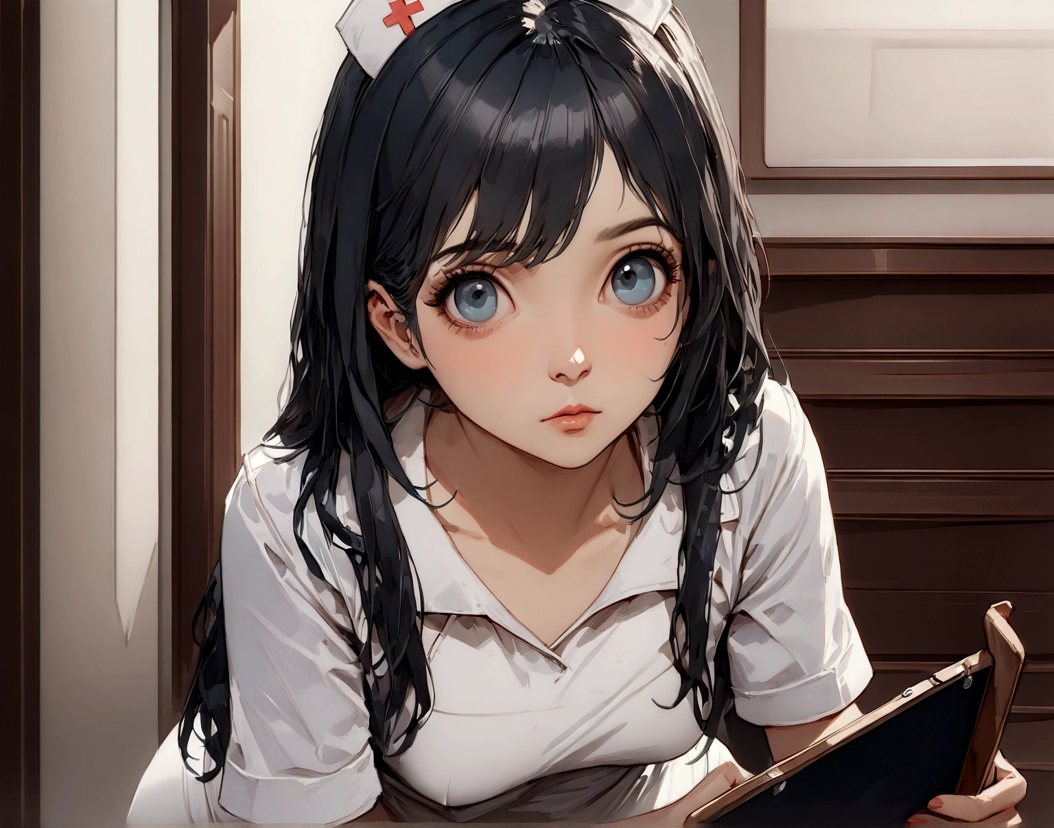 (((((Masterpiece)))), ((((Very detailed)))), [[[realistic art]]], beautiful girl, Delgado, small breasts, (((hits)))), (1 girl)), Alone, ((Lookaway)), [Expressionless], wide, (((nurse)),  white panties, ((white pantyhose,from below , whole body, hug the clipboard, Medical office, Medical office,,